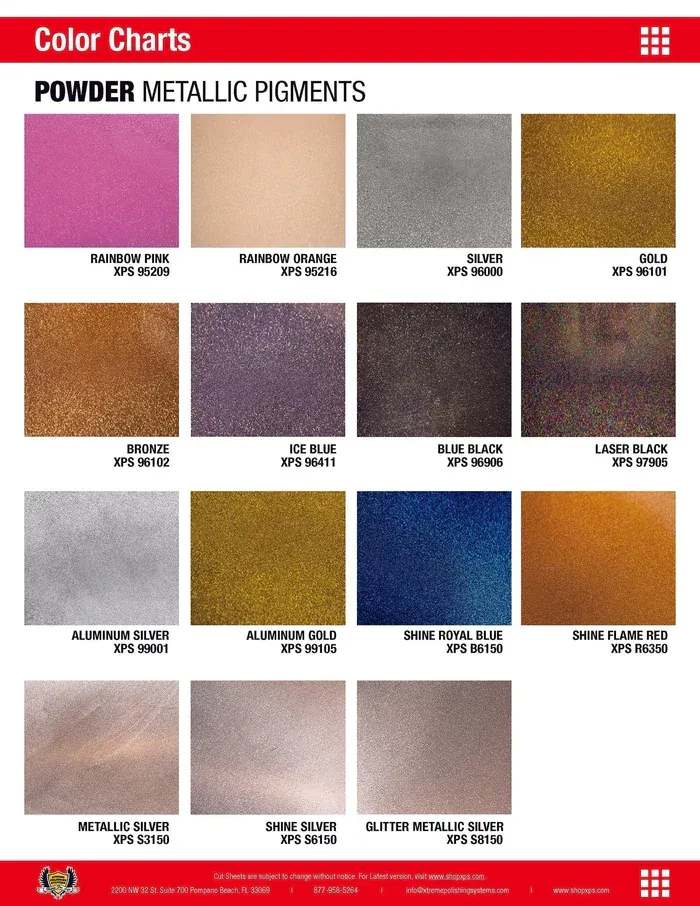 Color chart of powder metallic pigments in pink, silver, gold, blue, and bronze swatches