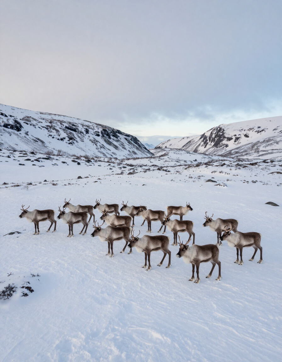 Norwegian reindeer in snow-covered mountain terrain