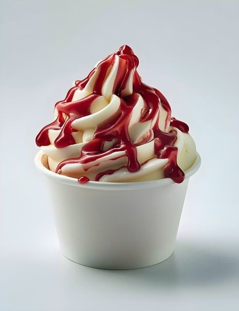 A cup of ice cream with raspberry sauce on top