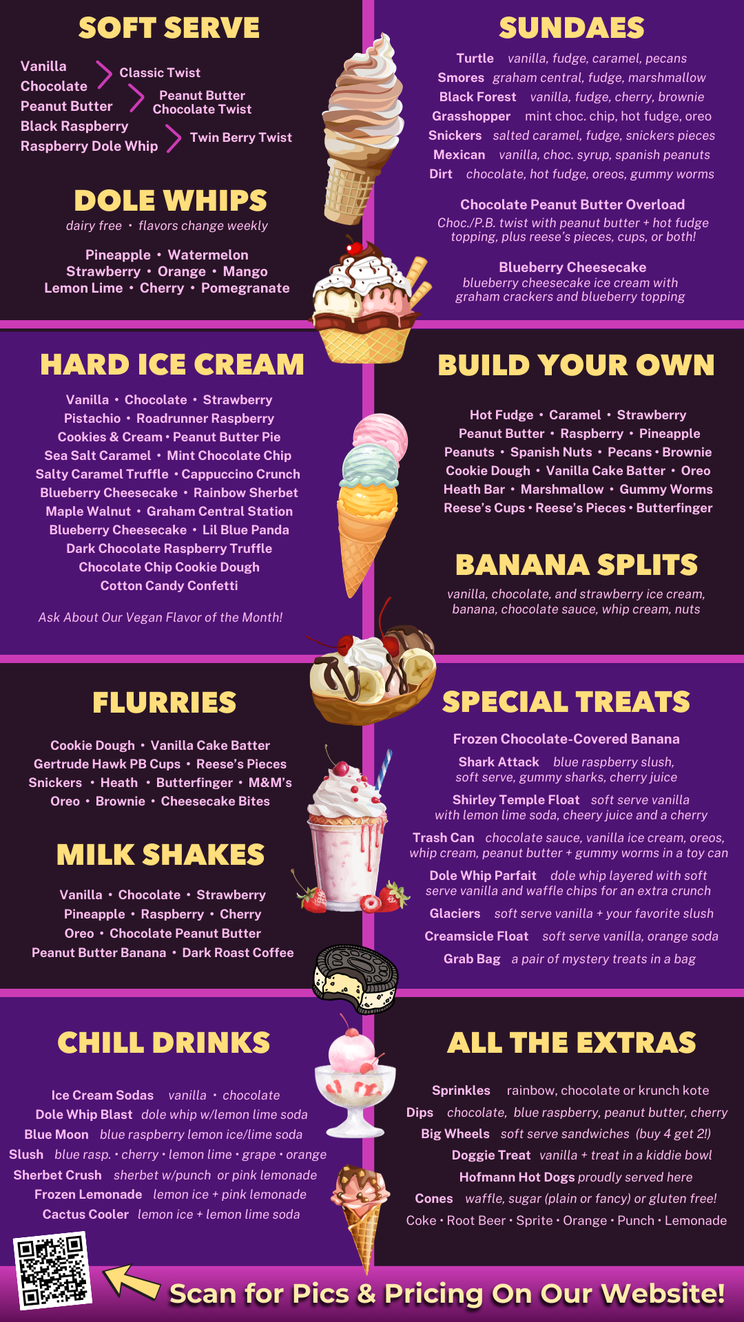 A purple menu with ice cream cones and drinks on it.