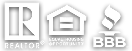 REALTOR, Equal Housing Opportunity, and BBB logos in gray and white