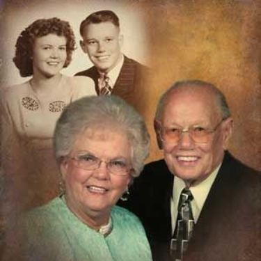 Two studio portrait couples, one older in front and one younger in the background, smiling against a warm backdrop