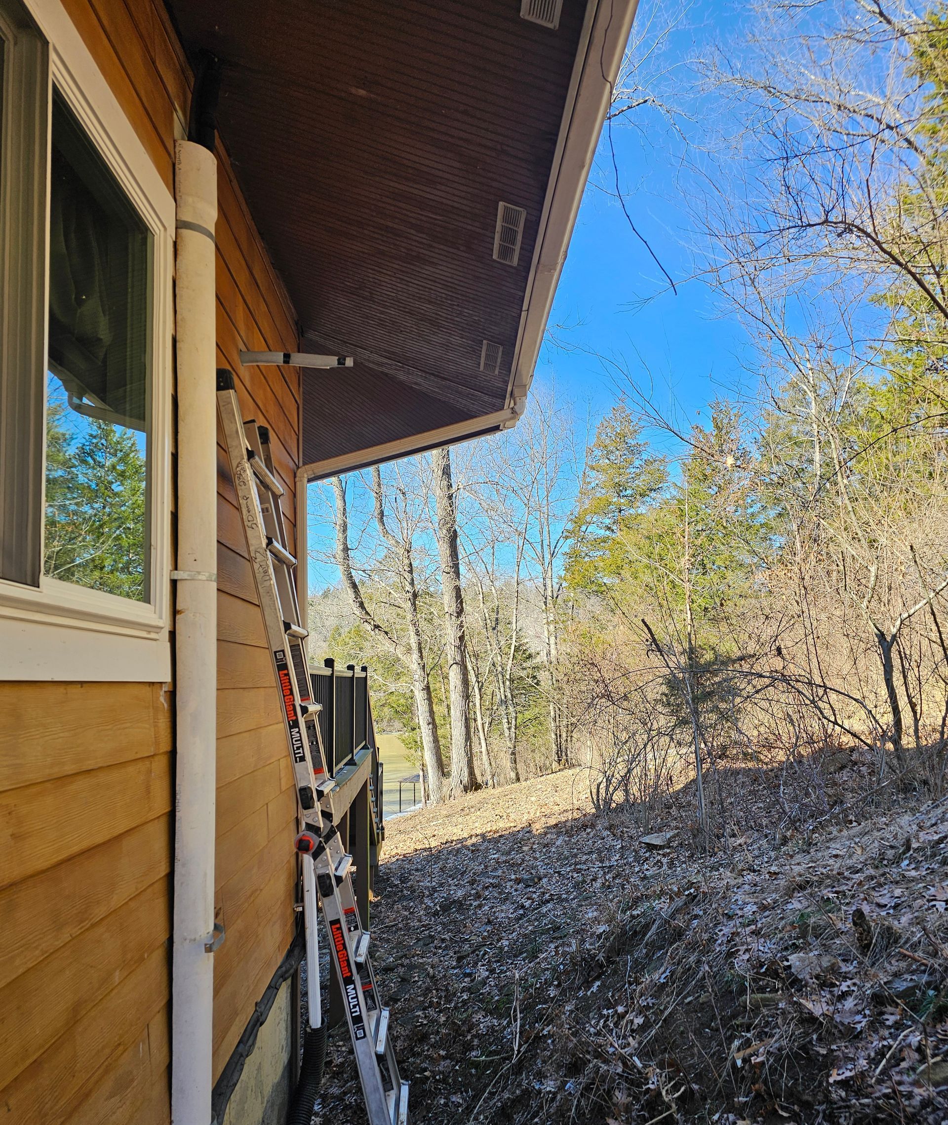 A wooden house with a porch and trees in the background.