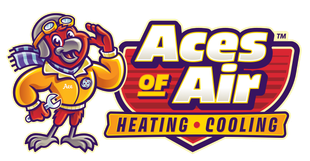 A logo for aces of air inc. with playing cards in a circle
