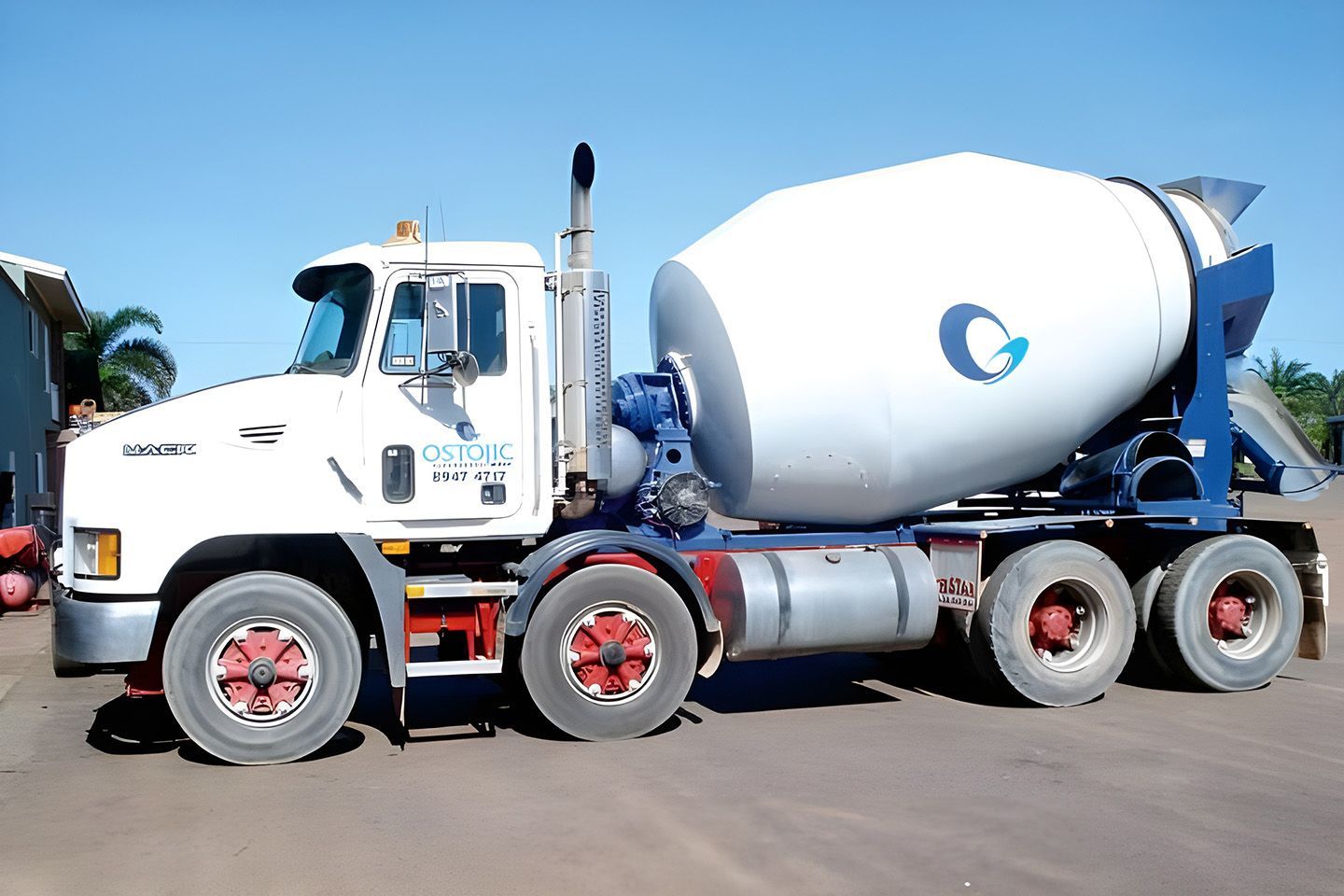 White Cement Mixer Truck Parked On A Lot