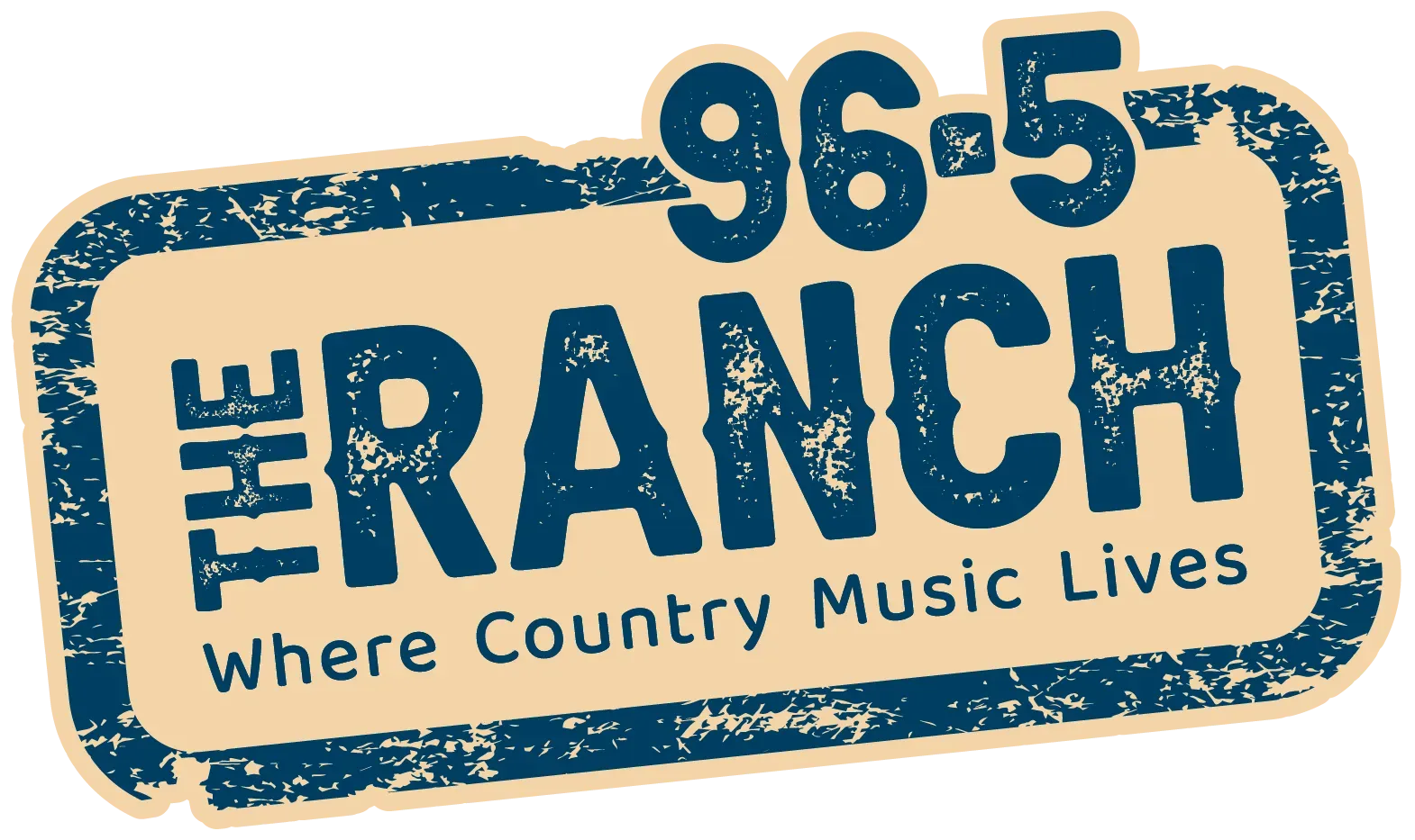 96.5 The Ranch logo in blue and tan, with “Where Country Music Lives” tagline.