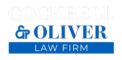 The logo for cockrell & oliver law firm is blue and white.