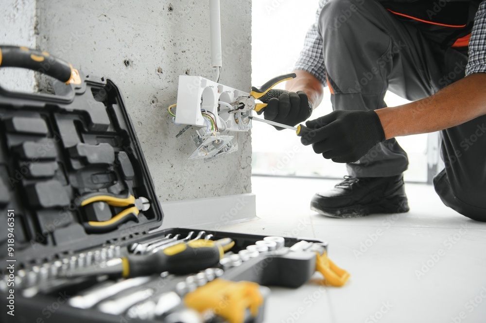 Electrician working on electrical outlet, tools in open toolbox.