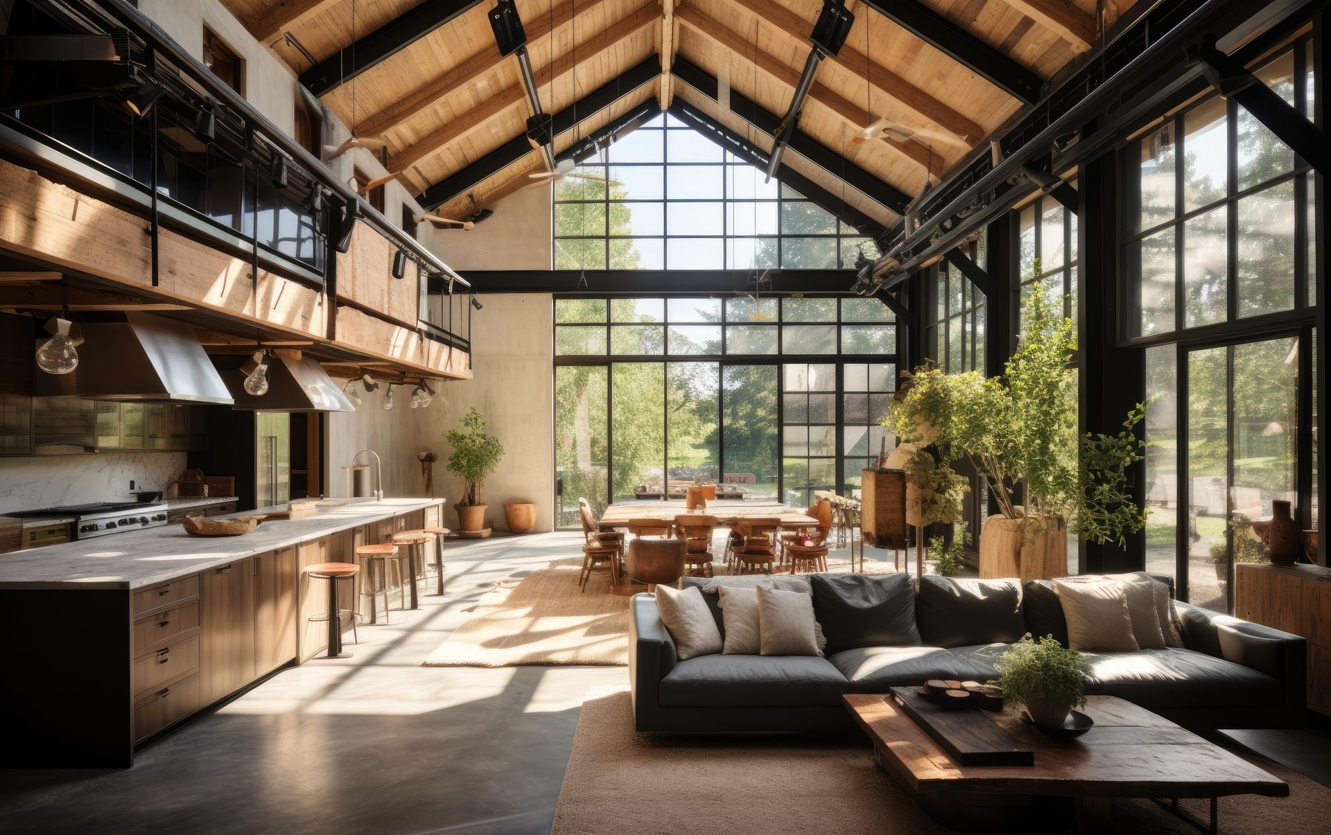 A large living room with a couch , table , and lots of windows.