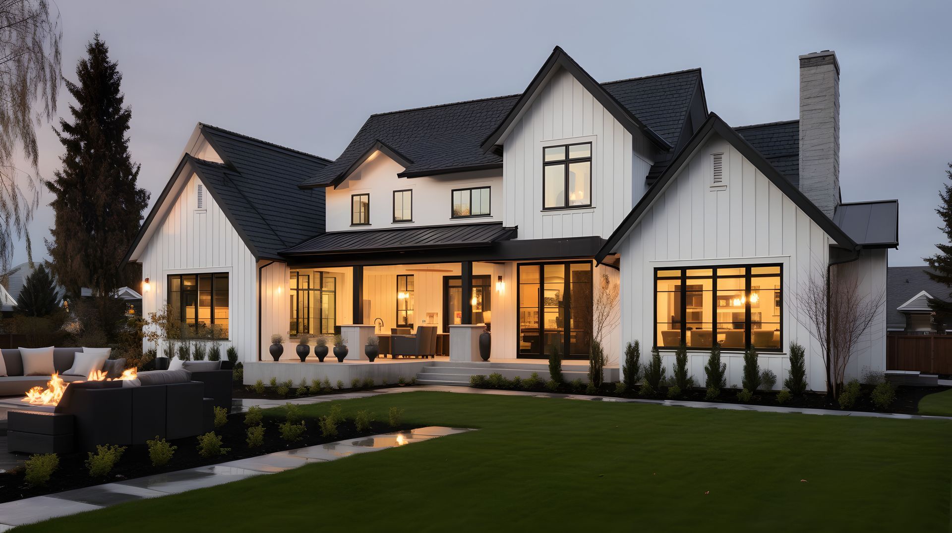 A large white house with a black roof is sitting on top of a lush green lawn.