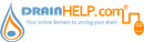 DrainHelp.com logo with blue and orange water drop icon and tagline &ldquo;Your online domain to unclog your drain&rdquo;