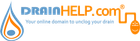 DrainHelp.com logo with blue and orange water drop icon and tagline &ldquo;Your online domain to unclog your drain&rdquo;