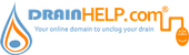 DrainHelp.com logo with blue and orange water drop icon and tagline “Your online domain to unclog your drain”
