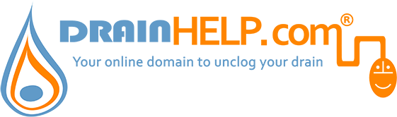 DrainHelp.com logo with blue and orange water drop icon and tagline &ldquo;Your online domain to unclog your drain&rdquo;