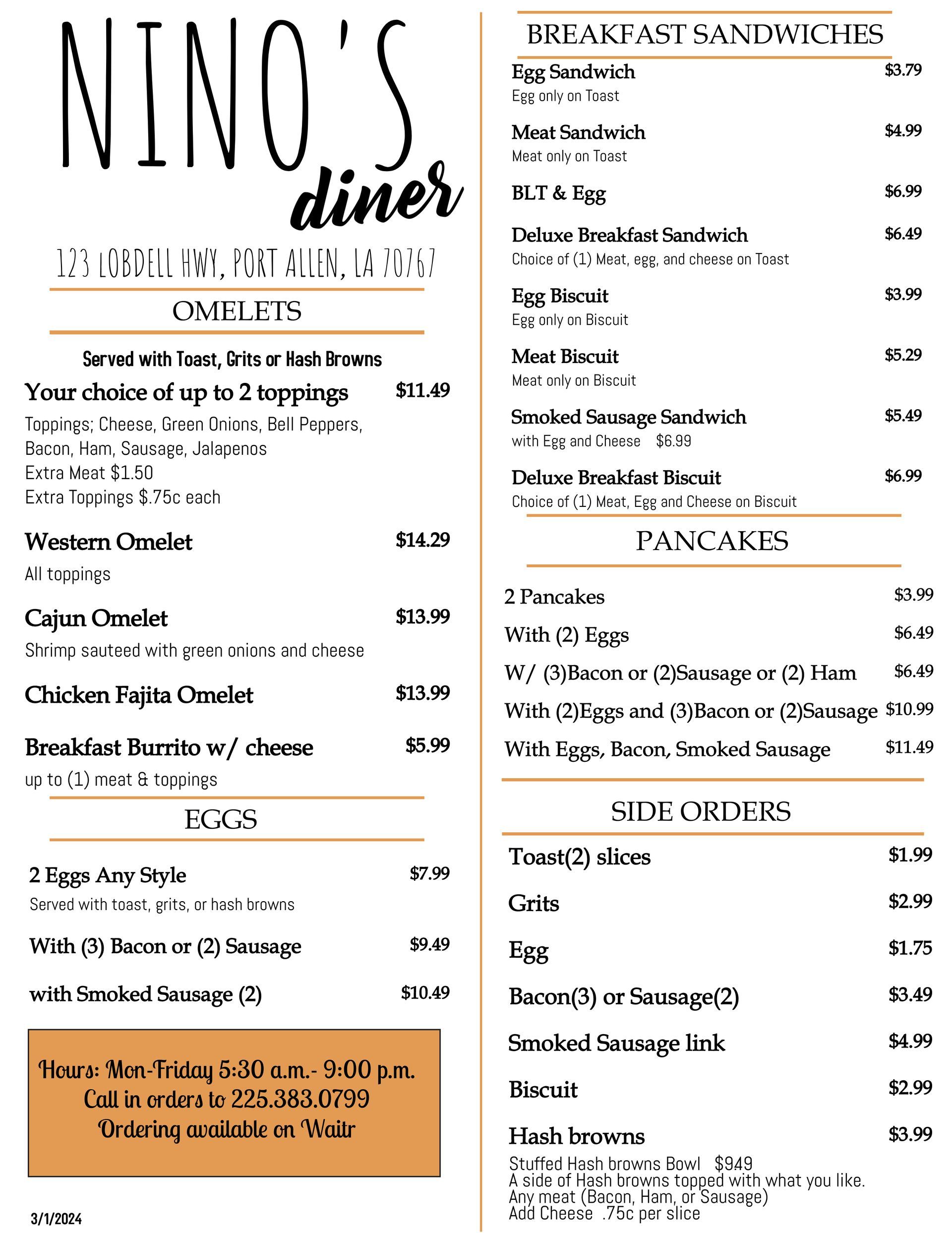 Nino's Diner Menu 1 — Port Allen, LA — Nino's Truck Plaza