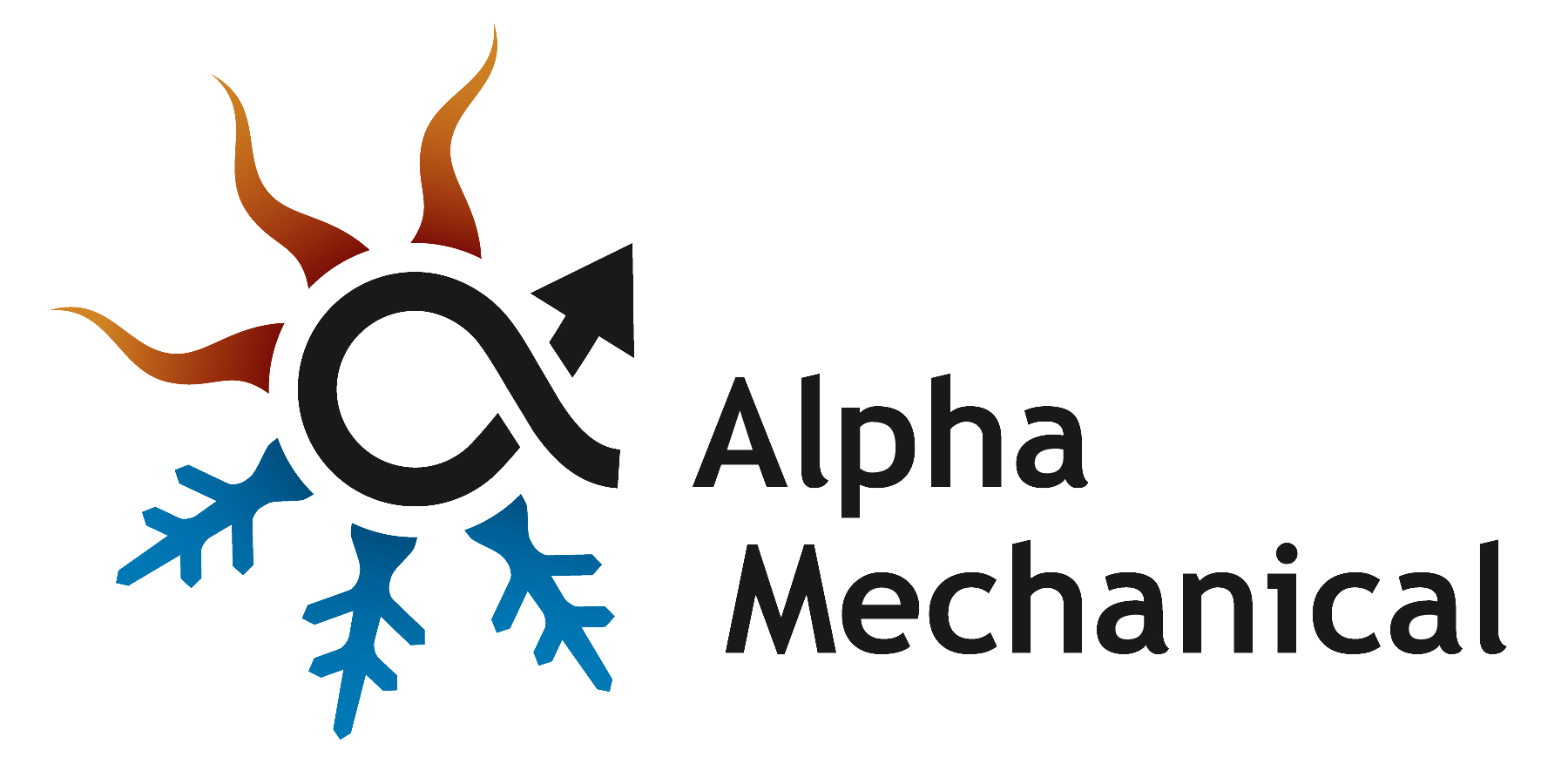 A logo for alpha mechanical with a sun and snowflakes