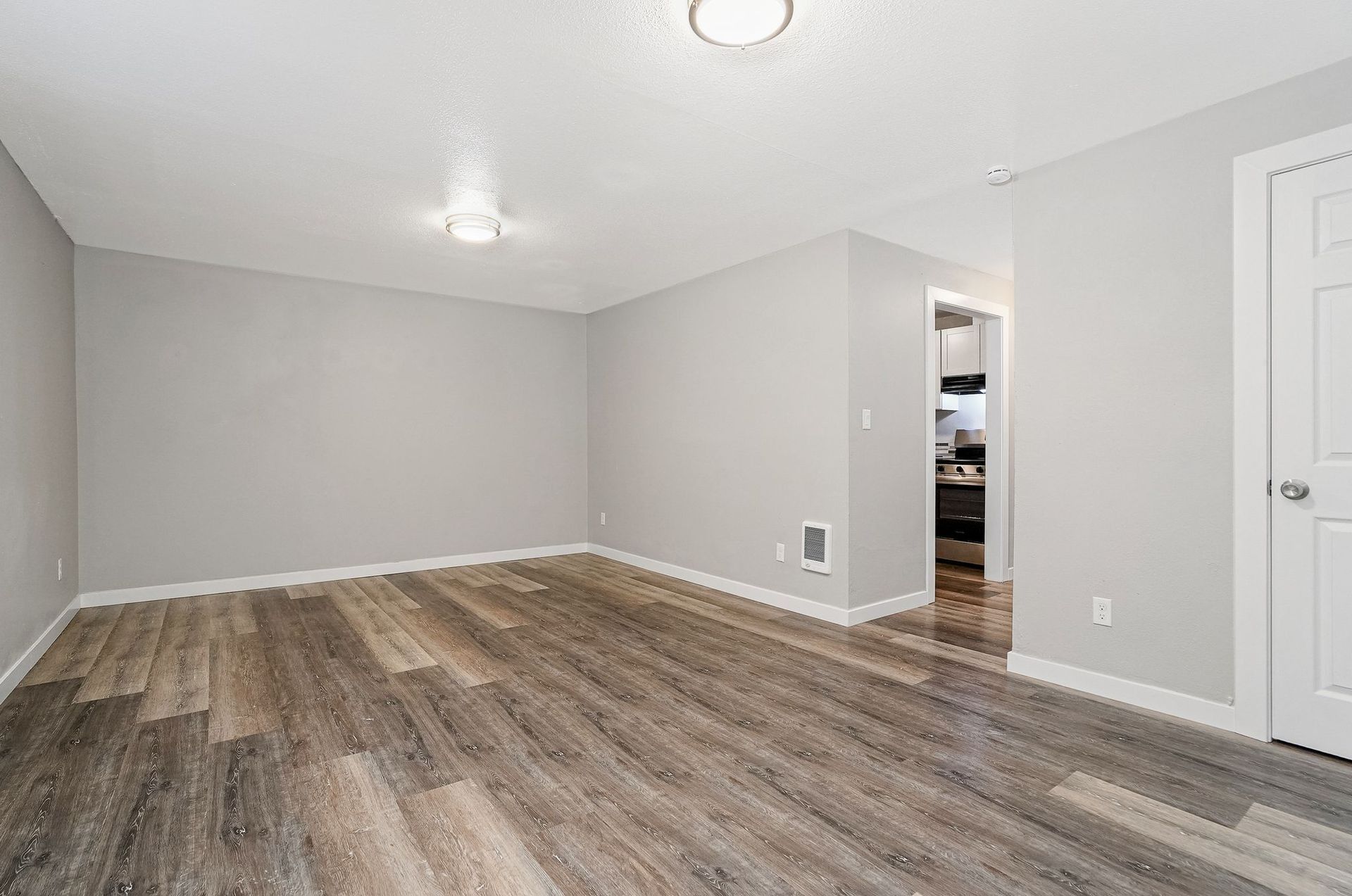 Empty gray room with wood-look flooring, ceiling lights, and a doorway to another room