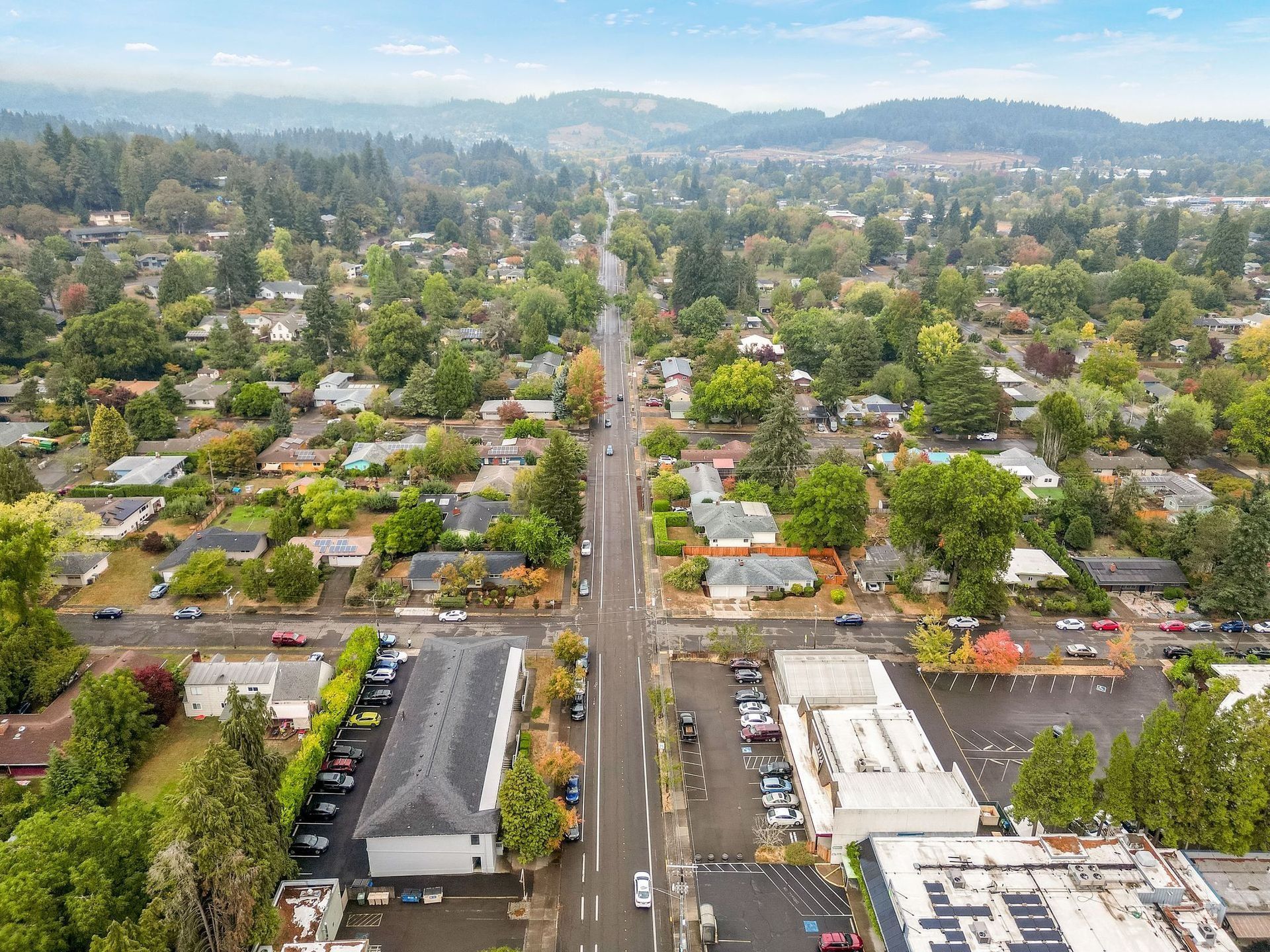 Aerial view of a leafy suburban neighborhood with houses, streets, and distant hills