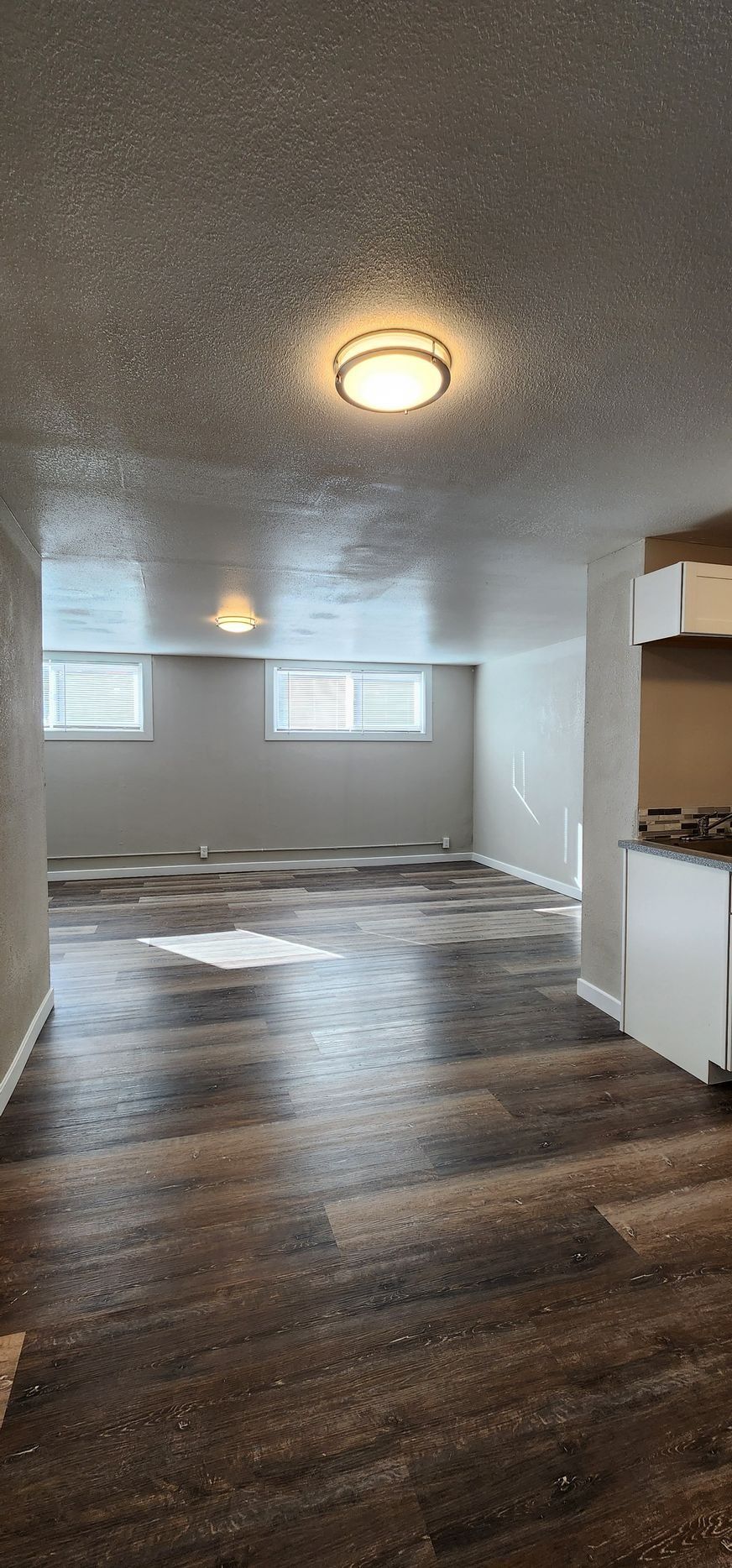 Empty unfurnished room with dark wood floors, white walls, ceiling lights, and windows at the far end