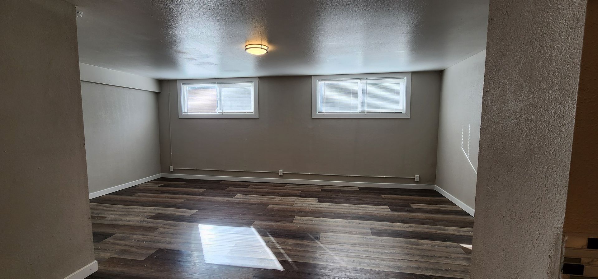 Empty room with white walls, wood-look floor, and two small windows on the far wall.