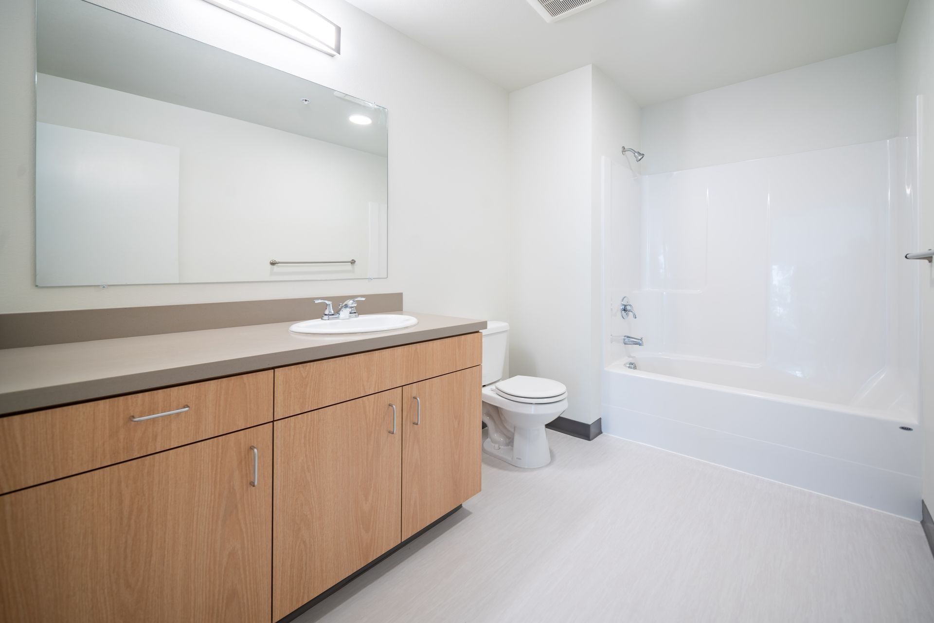 Modern white bathroom with wood vanity, large mirror, toilet, and bathtub.