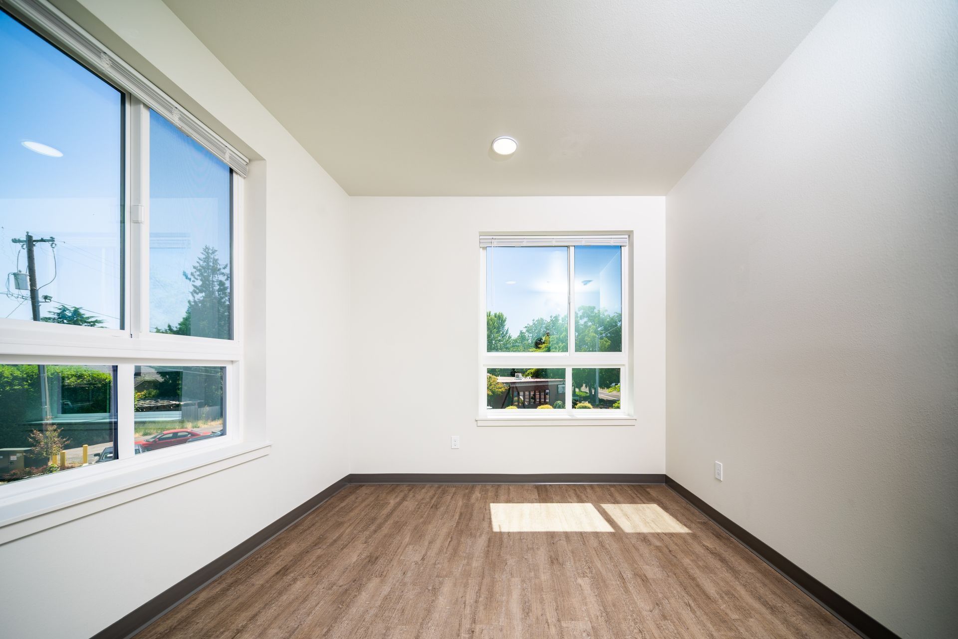 Empty bright room with white walls, wood floor, and two windows letting in sunlight