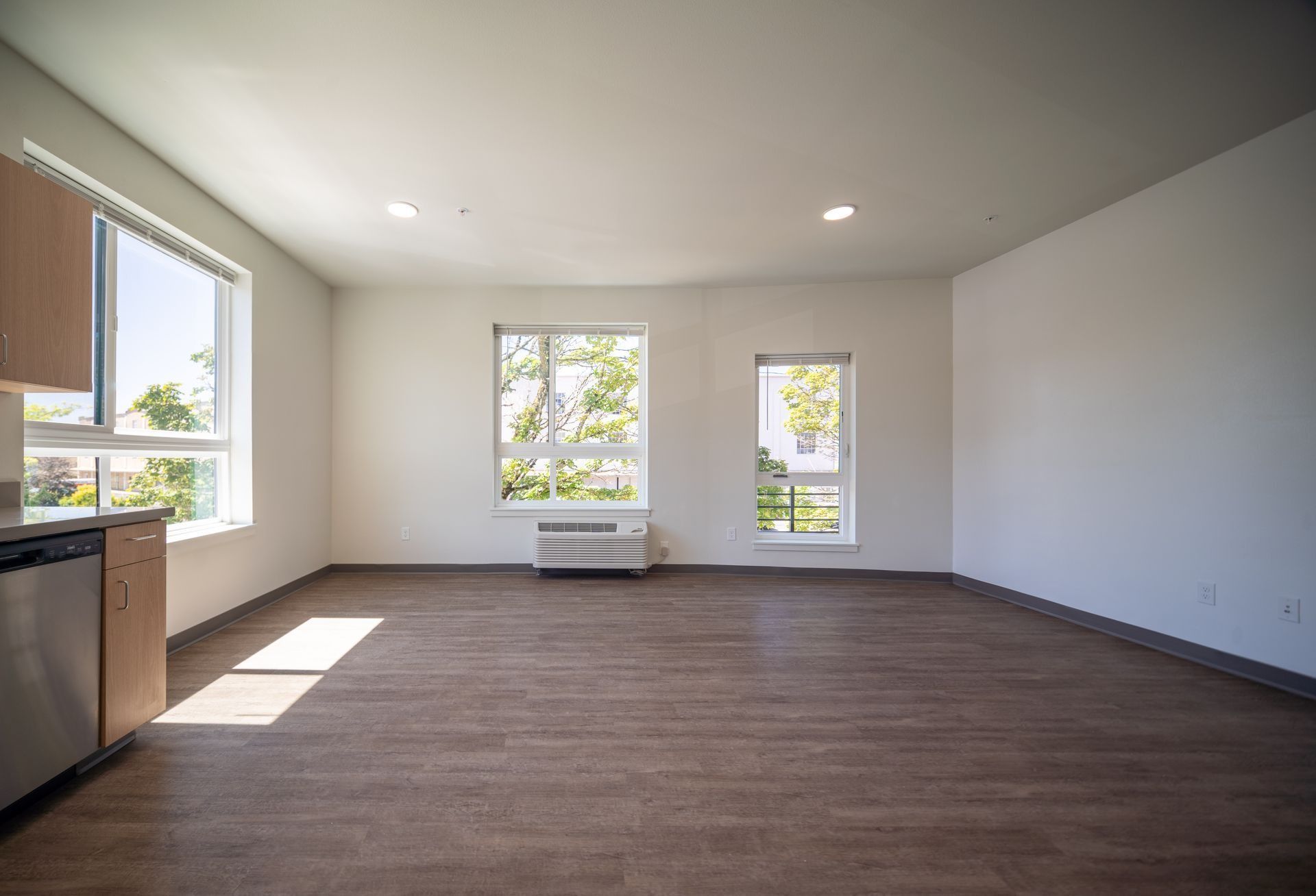 Empty modern living room with brown wood floor, white walls, and large windows letting in natural light
