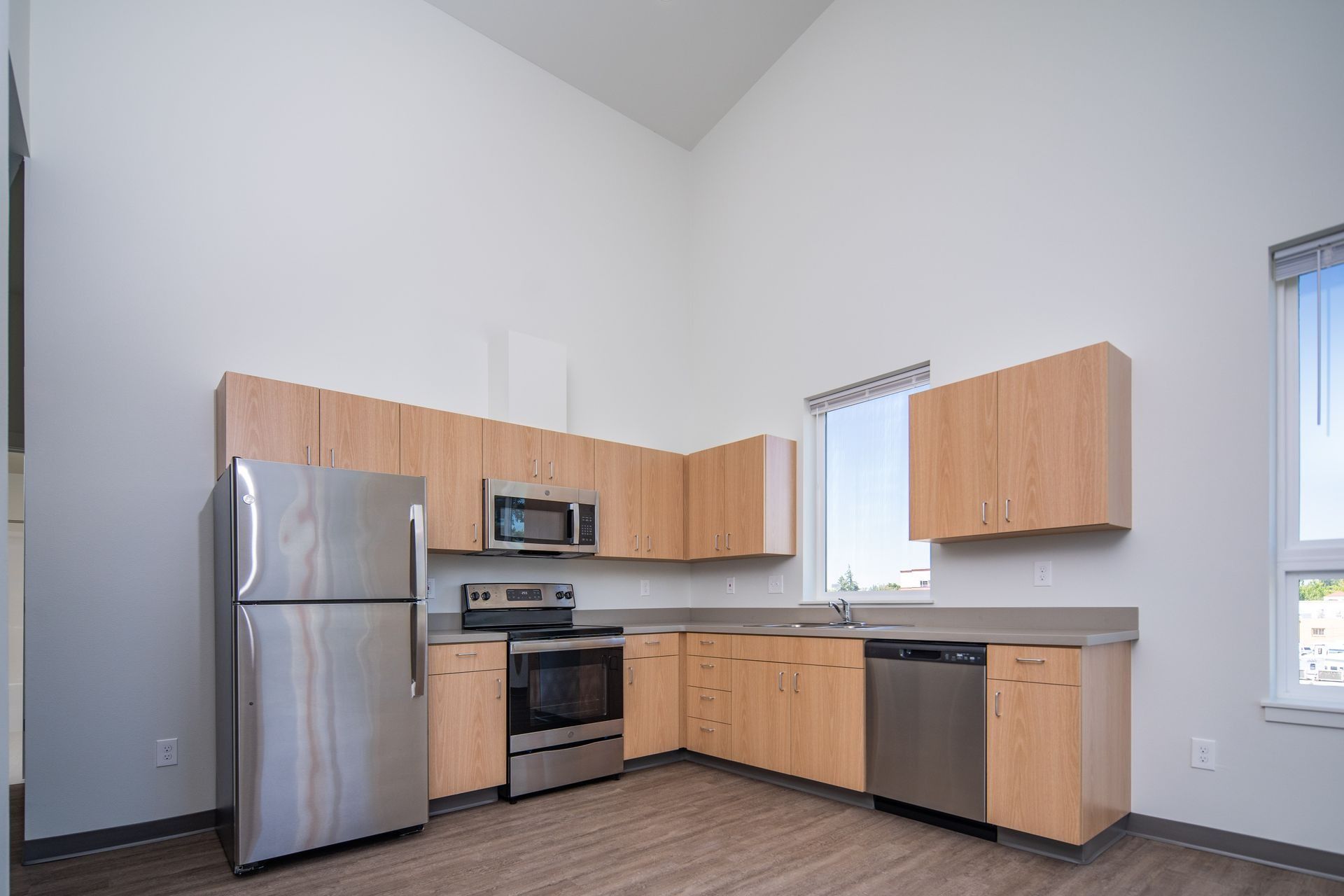 Modern kitchen with stainless steel appliances, light wood cabinets, and gray walls