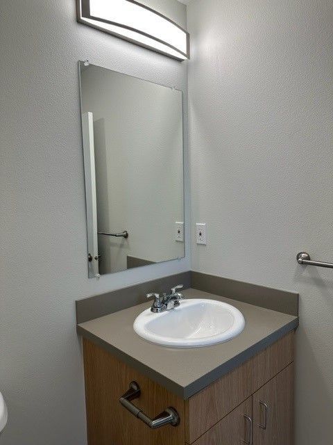 Small bathroom vanity with sink, mirror, towel bar, and light gray walls.