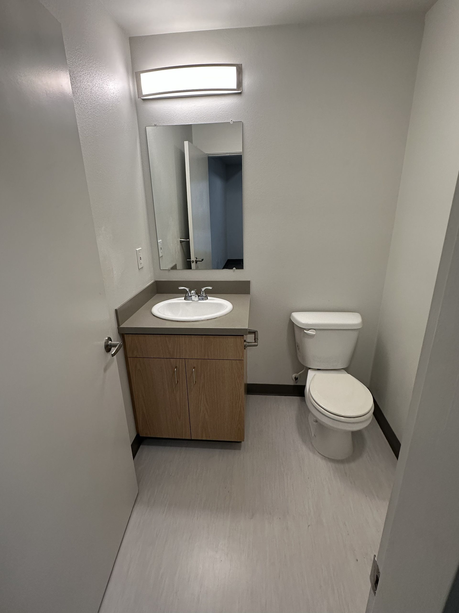 Small restroom with sink vanity, mirror, toilet, and overhead light in a narrow gray-walled room