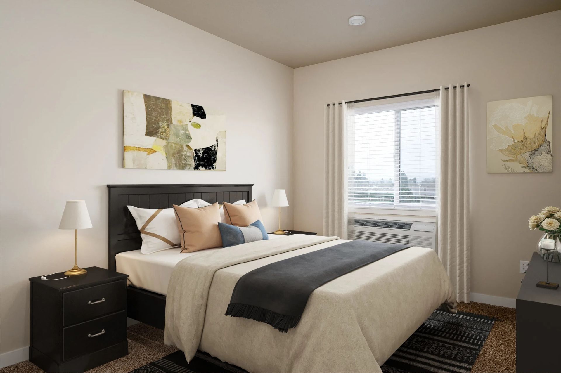Neat bedroom with a made bed, bedside lamps, window, and beige decor