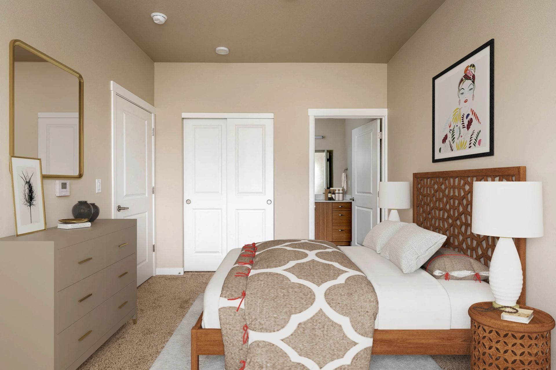 Cozy beige bedroom with wooden bed, dresser, lamp, mirror, and framed wall art.