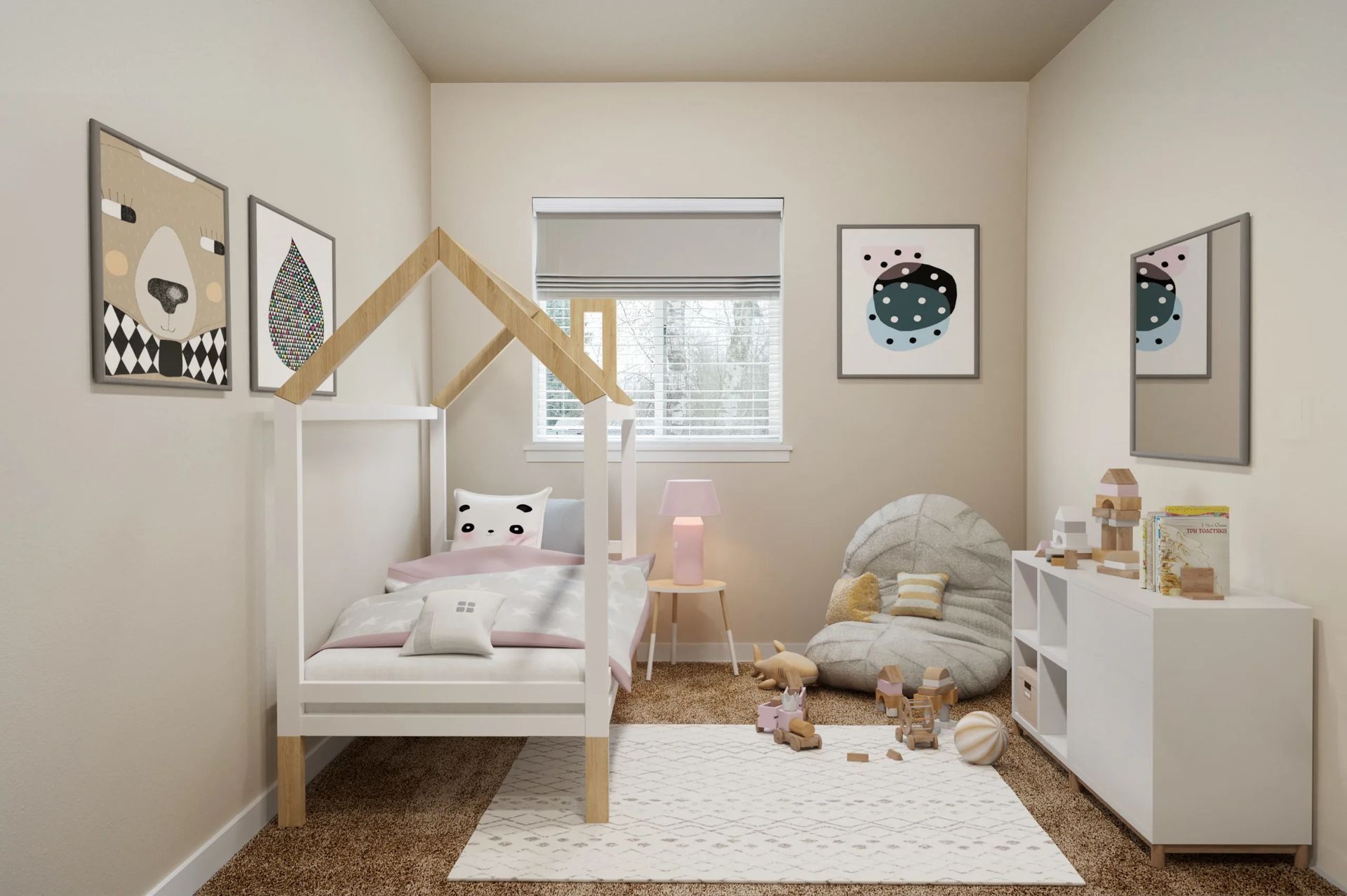 Cozy child’s bedroom with a house-frame bed, soft beige decor, toys, and framed wall art