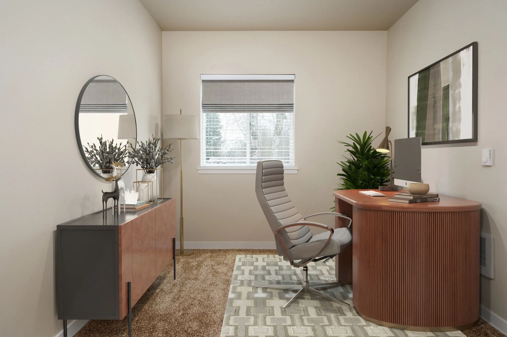Modern home office with a desk, chair, cabinet, mirror, window, and plants