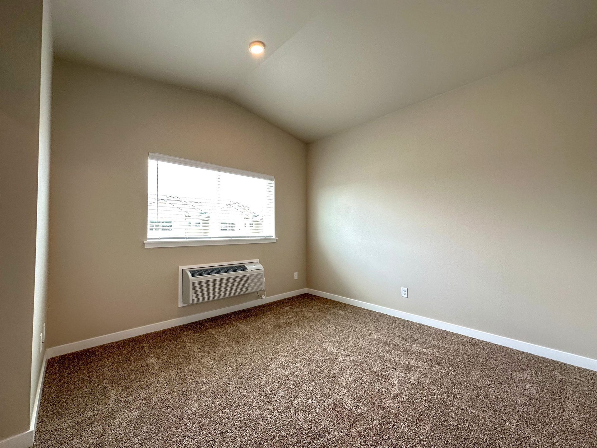Empty beige bedroom with carpet, window, and wall-mounted heater under a ceiling light