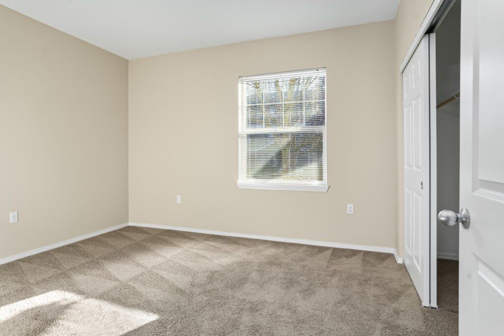 Empty beige bedroom with carpet, window, and closet doors with mirrored panels
