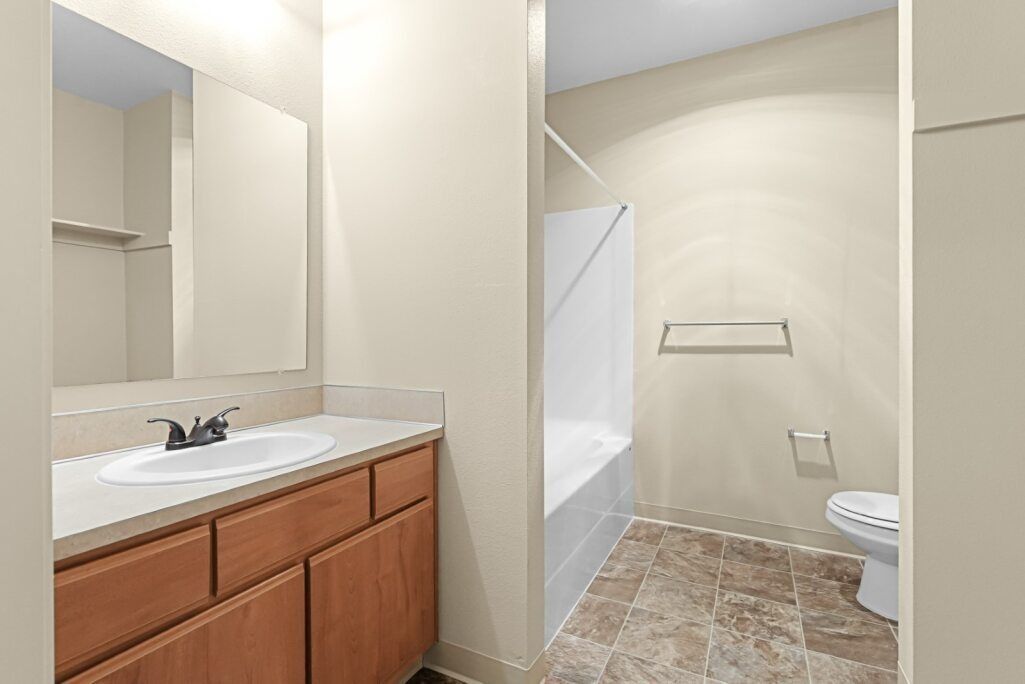 Empty beige bathroom with a vanity sink, mirror, and walk-in shower.