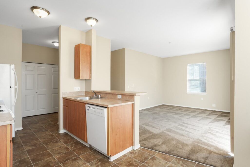 Empty kitchen and adjoining carpeted living area in a bright, neutral apartment interior