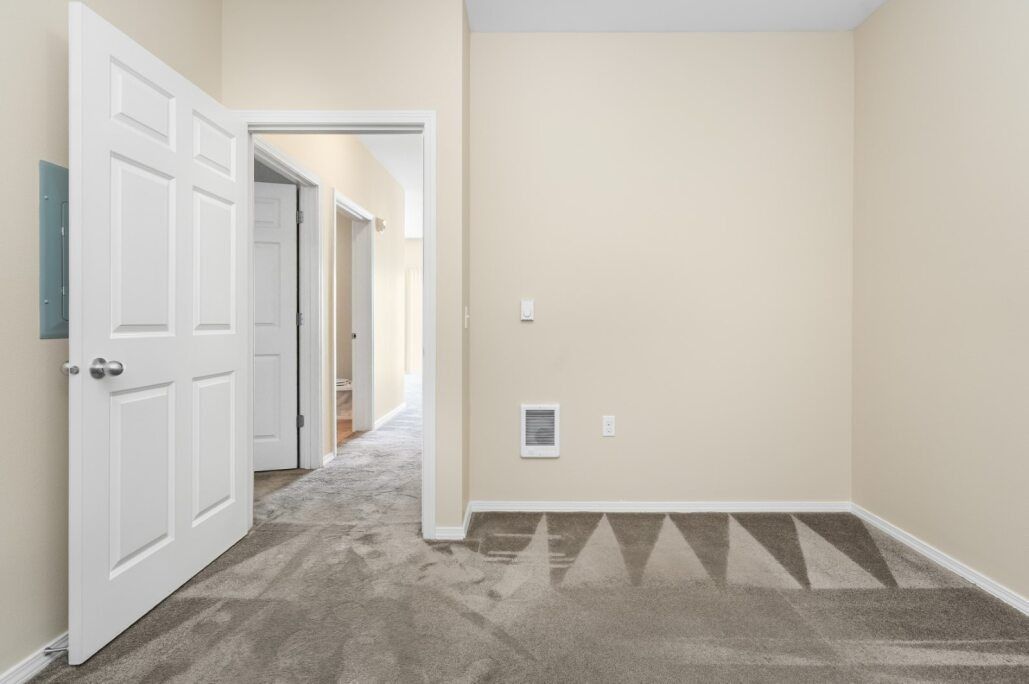 Empty beige room with open door, gray carpet, and triangular floor stain near the wall