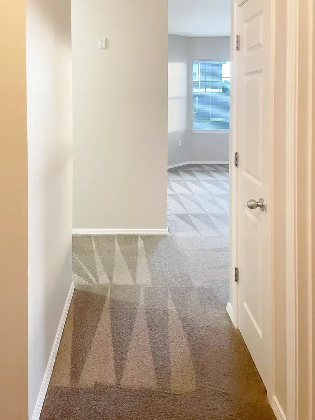 Hallway with beige carpet and white walls leading to a bright room with a window.
