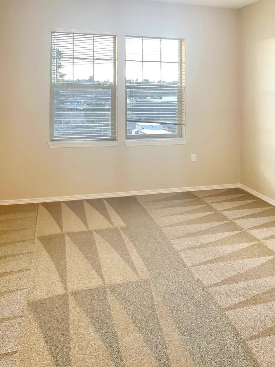Empty beige carpeted bedroom with two windows and sunlight casting shadows on the floor