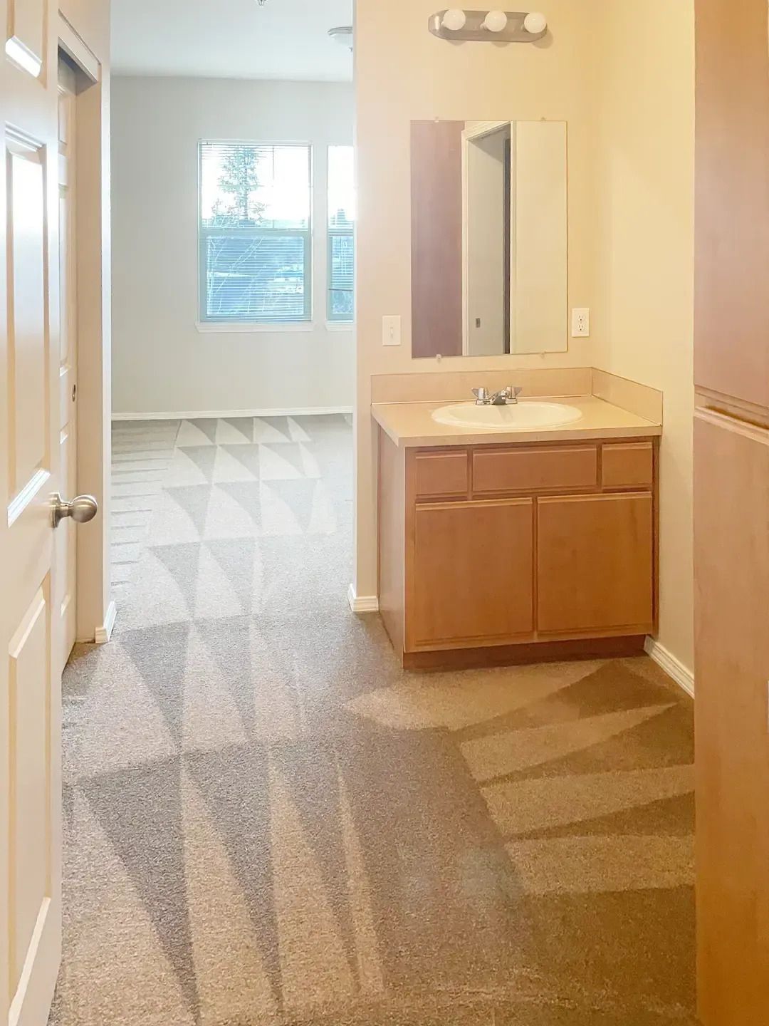 Empty bathroom vanity and mirror in a bright hallway, with carpet and sunlit window at the far end.