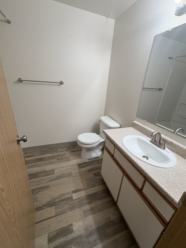 Small bathroom with wood-look floor, white walls, vanity sink, mirror, towel bar, and toilet.