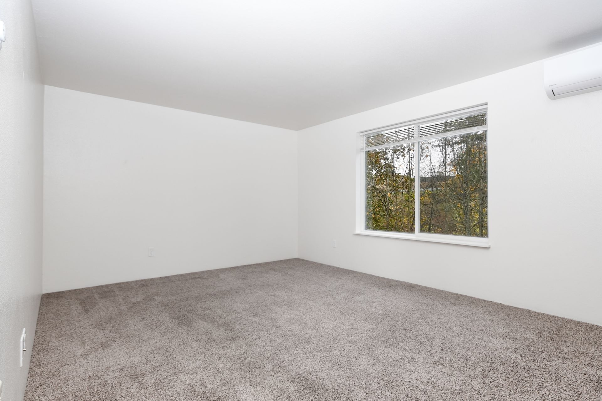 Empty white bedroom with gray carpet and a window overlooking trees