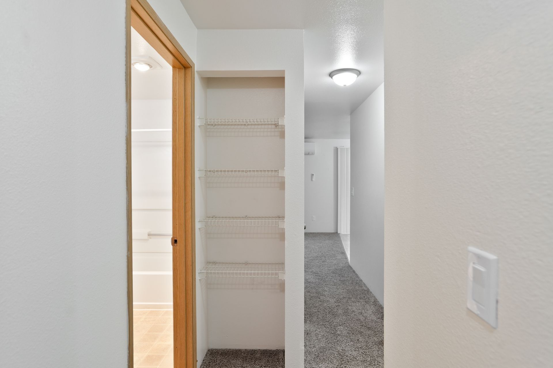 Narrow hallway with open closet shelves, white walls, wood trim, and carpeted floor.