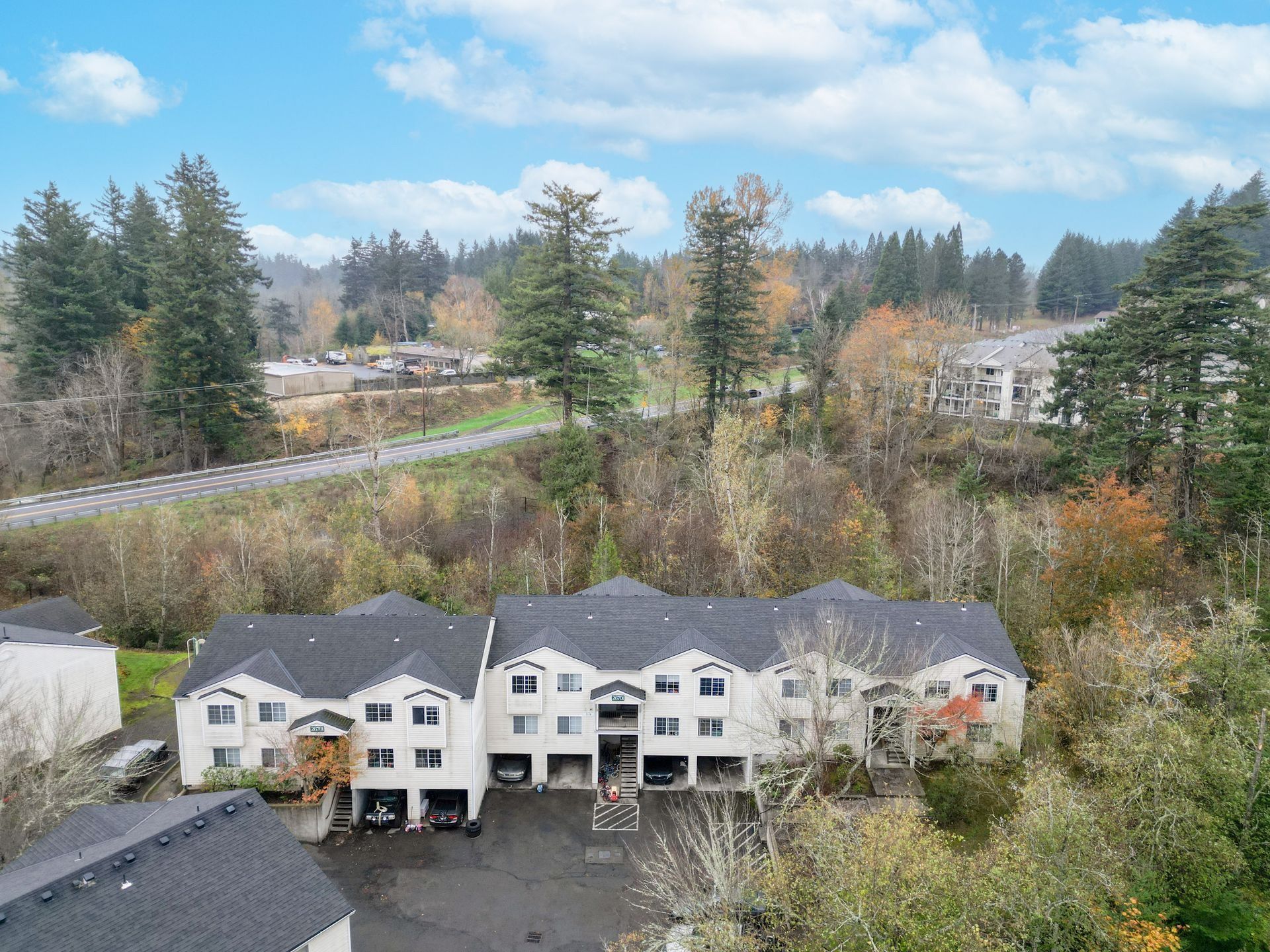 Aerial view of white townhouse row beside a wooded area under a cloudy sky