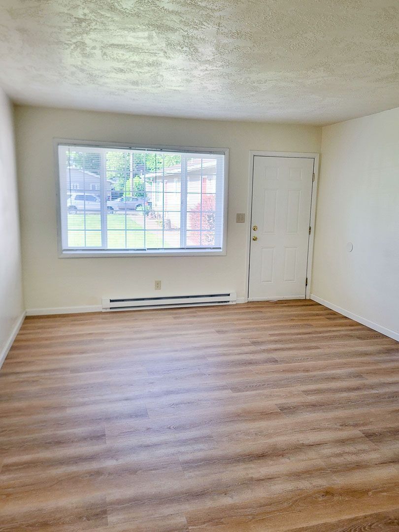 Empty living room with wood-look floor, white walls, a window, and a front door.