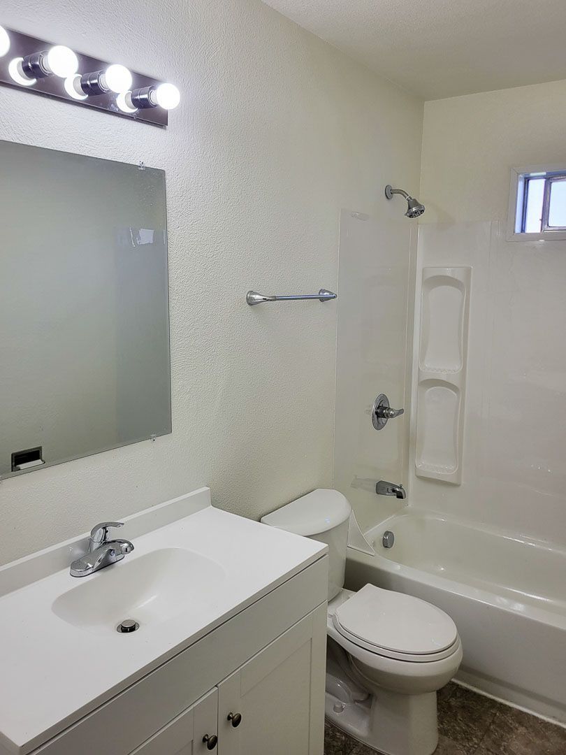 Small bathroom with vanity, mirror, toilet, tub, and shower grab bar in white tones