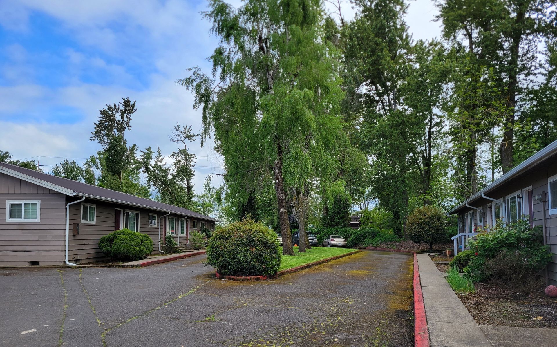 Apartment courtyard with trees, paved drive, and single-story buildings on both sides