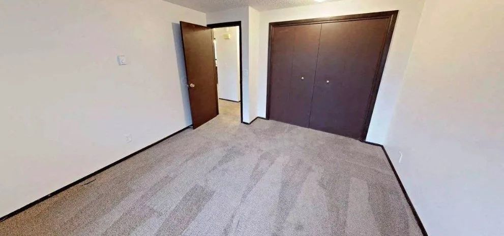 Empty bedroom with beige carpet, white walls, and two dark wooden closet doors open and closed.